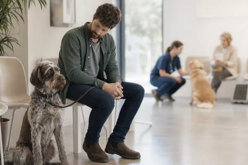 Ein Picardie-Spaniel sitzt ruhig neben seinem Besitzer im hellen Wartezimmer einer modernen Tierarztpraxis.